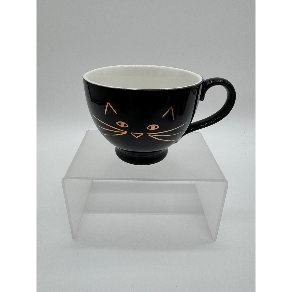 10 Strawberry Street Black Gold Cat Face Ceramic Latte Mug with Heart Detail